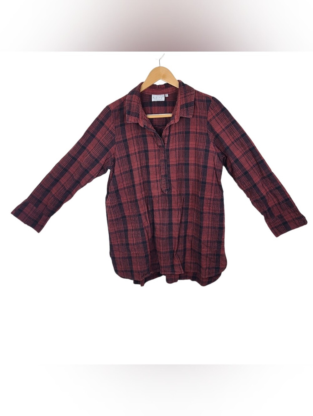 Habitat Red/Black Plaid Popover Blouse Gauzy Cotton Women's Size Med